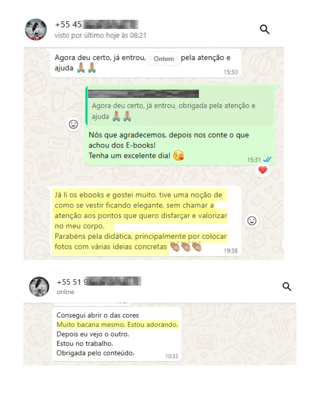 Cliente elogiando os e-books pela didática e as fotos com ideias concretas, e o guia de coloração pessoal