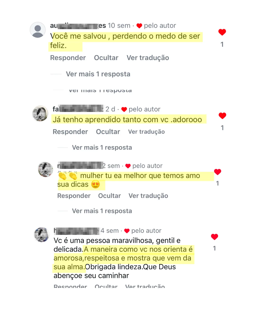 Comentários de seguidoras: “Você me salvou, perdendo o medo de ser feliz” e elogios à forma amorosa da Adriana orientar