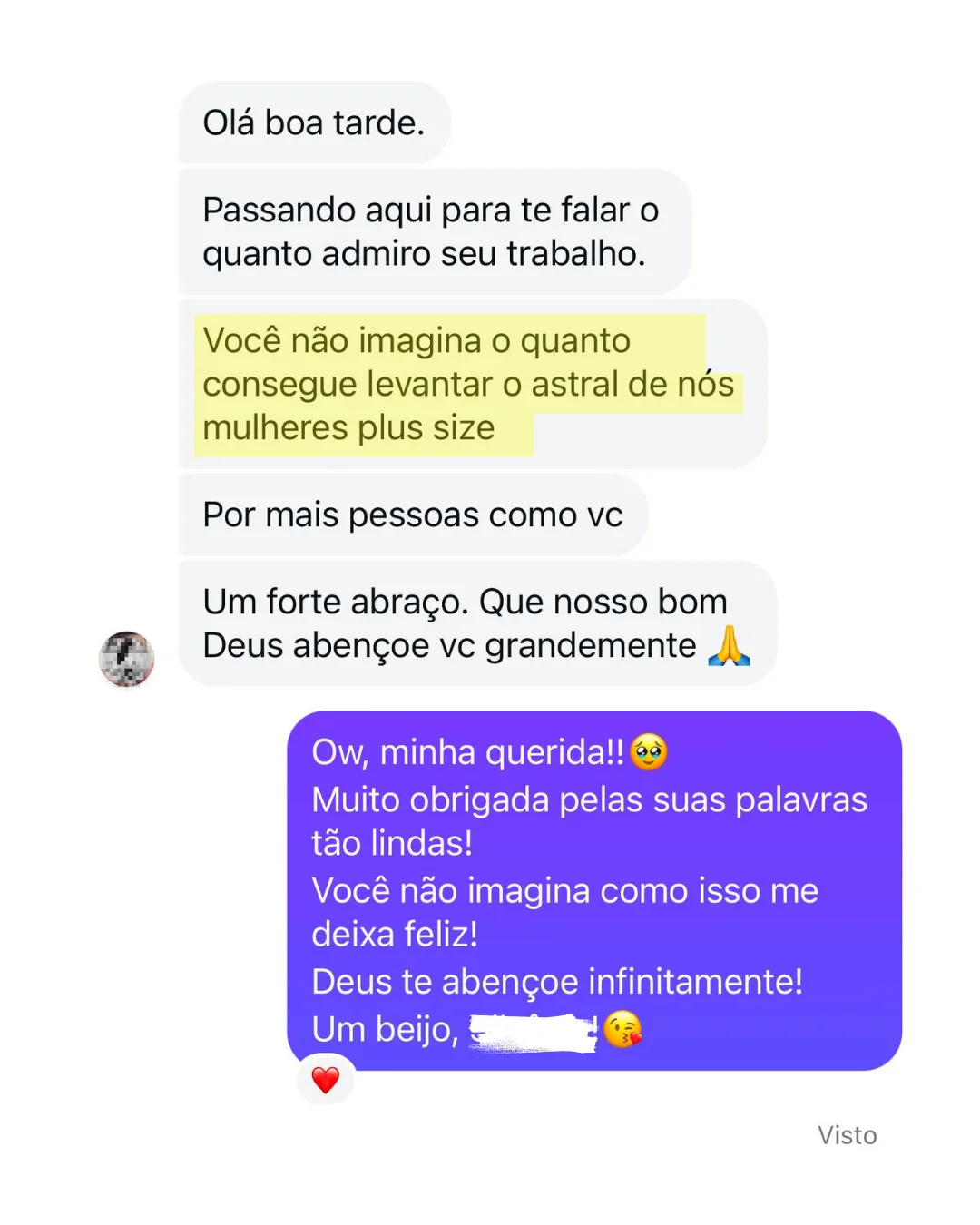 Mensagem admirando o trabalho da Adriana por levantar o astral das mulheres plus size