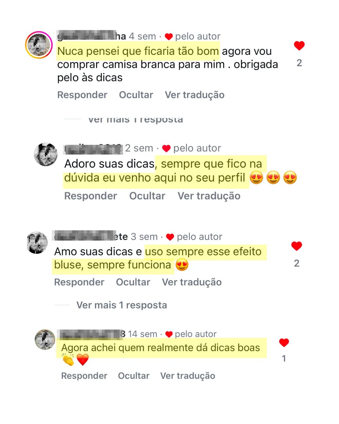 Comentários de seguidoras que passaram a comprar peças novas e usam as dicas de combinação da Adriana