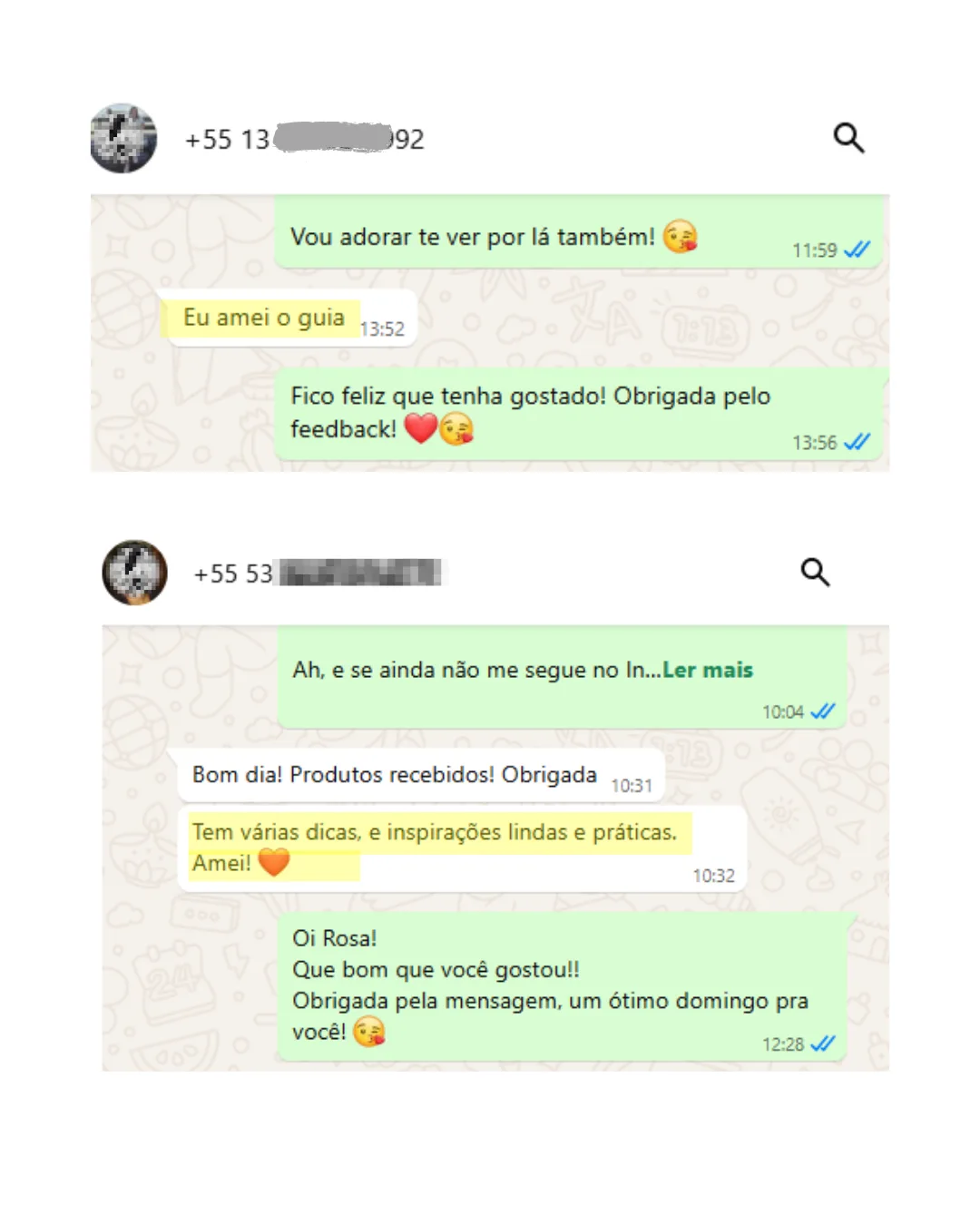Clientes contando que amaram o guia e as inspirações práticas recebidas